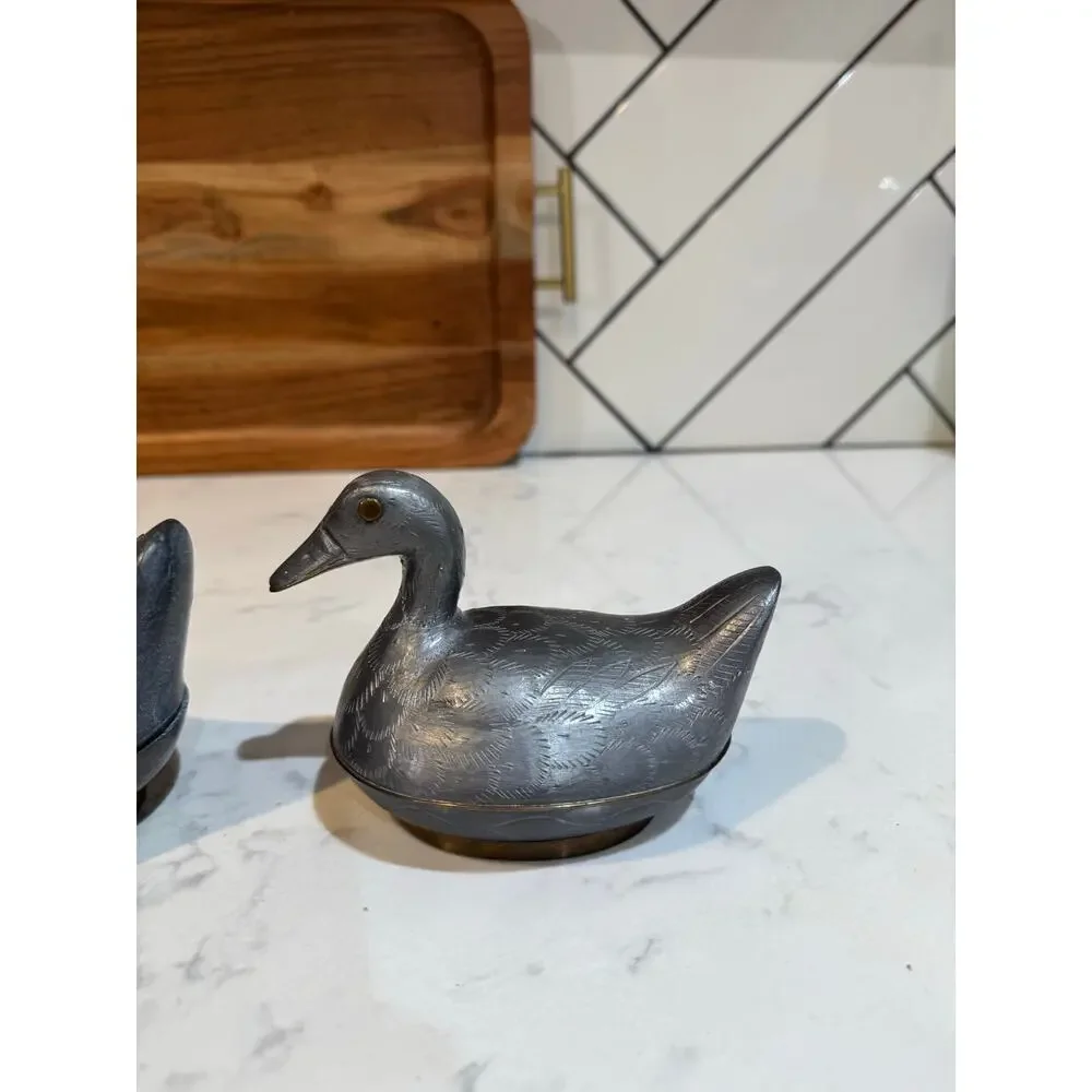 vintage pewter brass duck trinket boxes made in Hong Kong cabin rustic MCM
